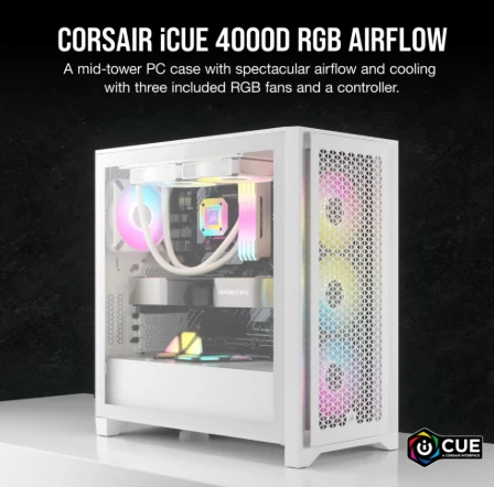 Corsair iCUE 4000D RGB Airflow Tempered Glass Mid-Tower ATX Gaming Case - White (CC-9011241-WW)